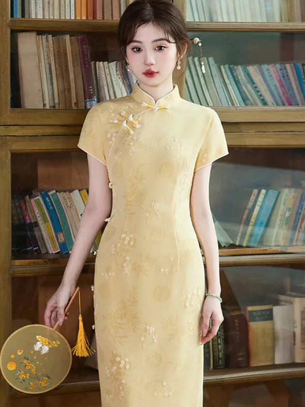 

Yellow Young Women's Long Improved Qipao ort Sve Retro Sle Summer Breathable Polyester Fiber Chinese Sle Flag Dr