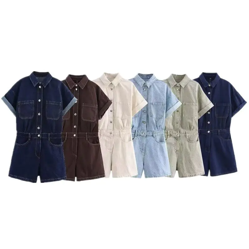 Casual Short Sleeved Denim Jumpsuit Women's Fashionable Summer New Item Pocket Decoration Waist Cinched Denim Short Jumpsuit