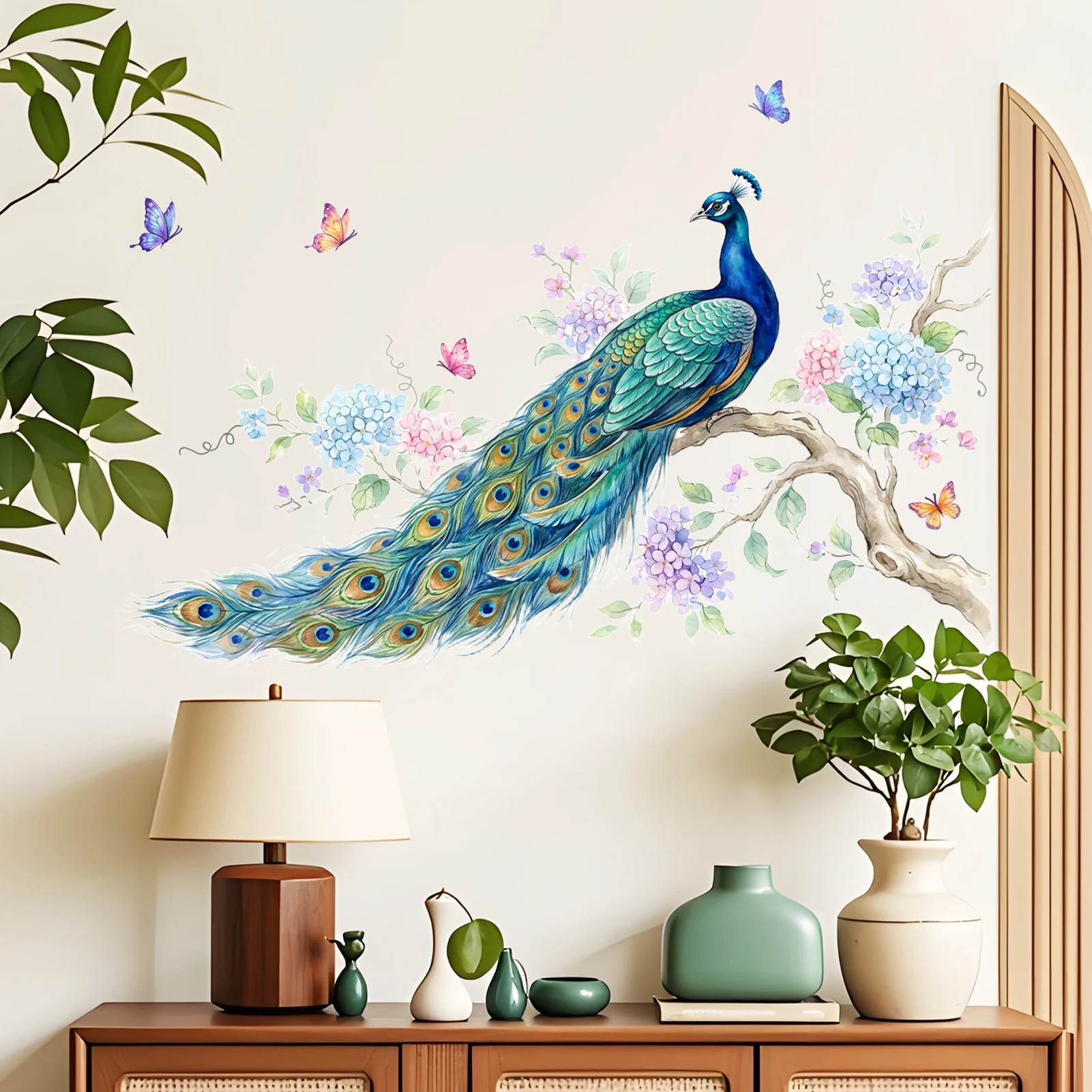 Watercolor Peacock Wall Decal, Majestic Blue Peacock on Hydrangea Branch with Butterflies Vinyl Wall Sticker for Home Decor