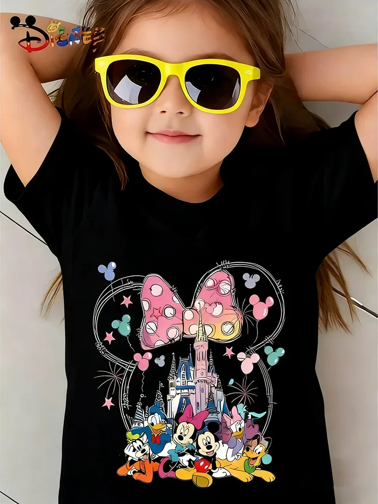 Disney Mickey Family Castle Pattern Printed Children's Pure Cotton Short-Sleeved Comfortable T-Shirt Fashionable and Versatile
