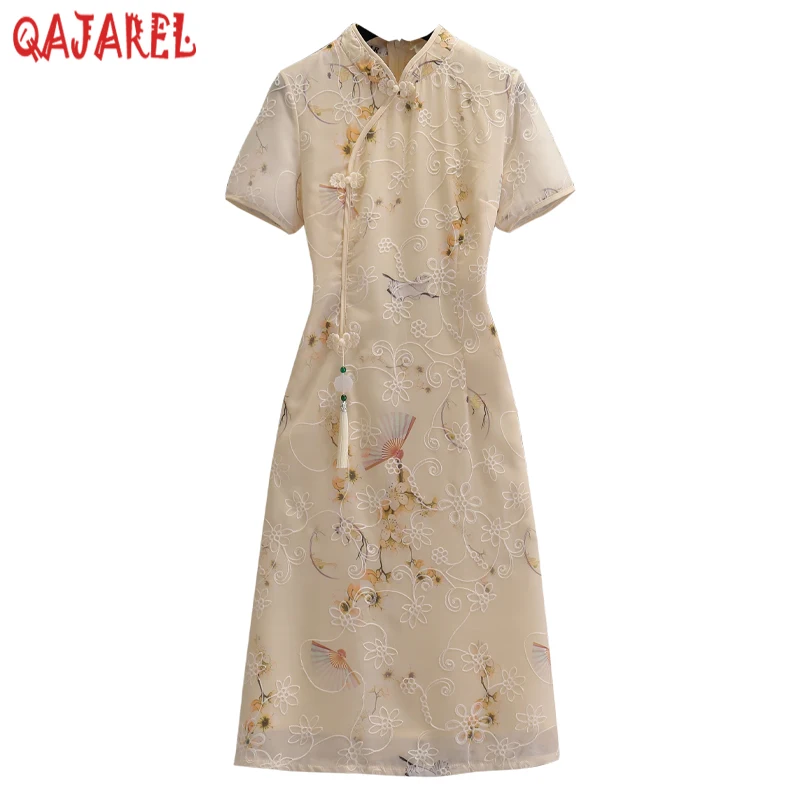 

Women White Floral Embroidery Tassel Midi Cheongsam Dress Summer Boho Fahsion Casual Dress 2024 New Korean Elegant Bodycon Dress