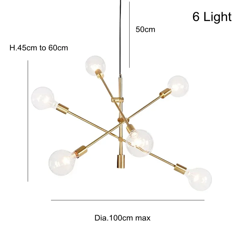 Post modern LED chandelier lighting 6 head adjustable creative hanging light nordic gold black metal body E27 6W lamp