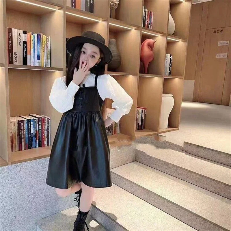 Elegant Party Dress For Kids 5 Years Old Girl Cute Luxury Two Piece Set Spaghetti Sling Dress Long Sleeve Leather Dress Street