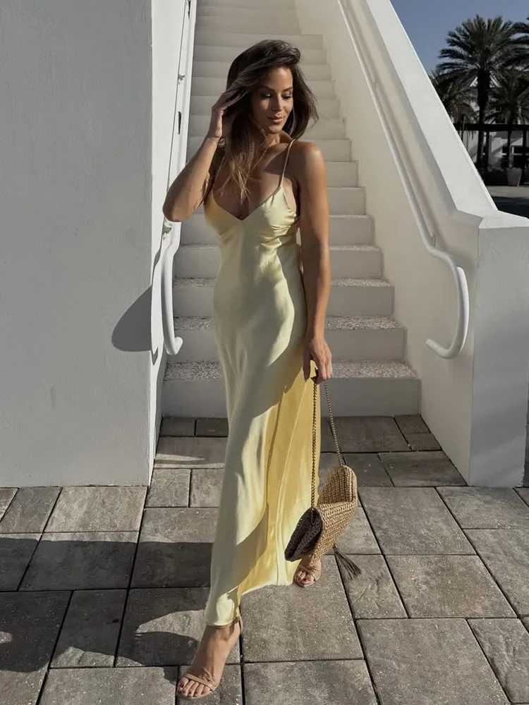 2025 RARA verão nova chegada feminino cetim texturizado midi vestido cor sólida sexy sem costas vestido de seda suspender vestido