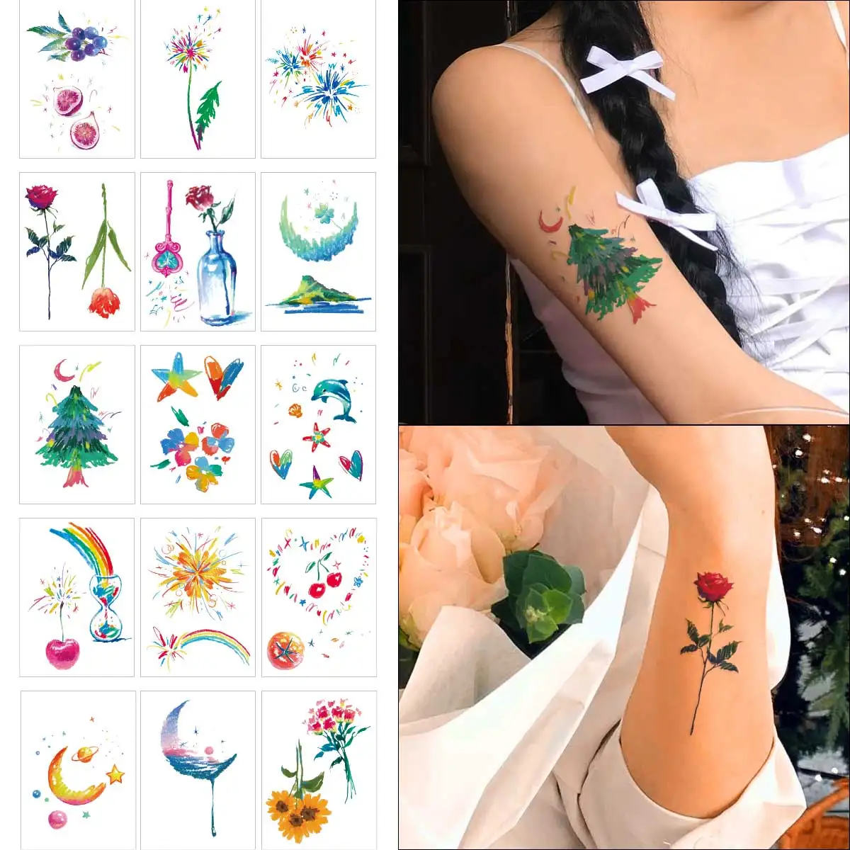 

15pcs Colorful Graffiti Tree Flower Tattoo Sticker Creative Star Moon Design Temporary Sticker Waterproof Body Art Decoration