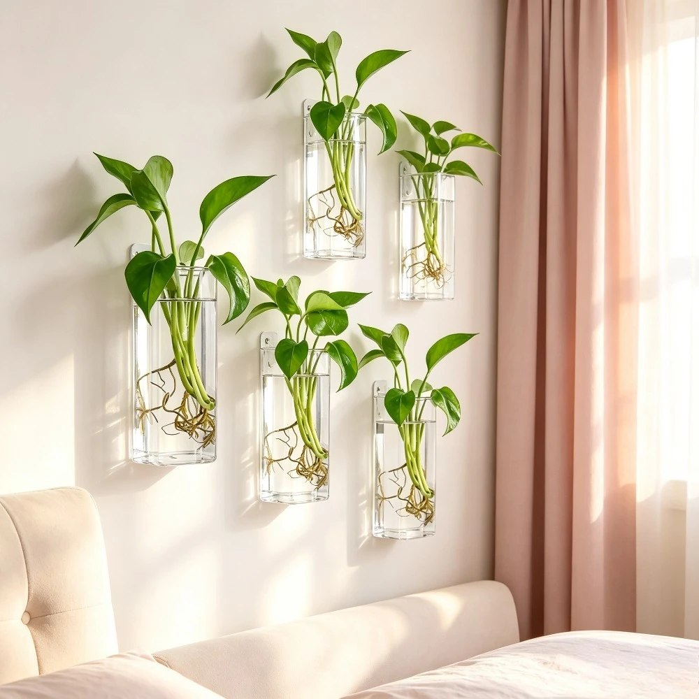 Wall Mounted Square Glass Vase Hydroponic Plant Container Minimalist Wall Hanging Flower Pot Home Living Room Wall Decoration