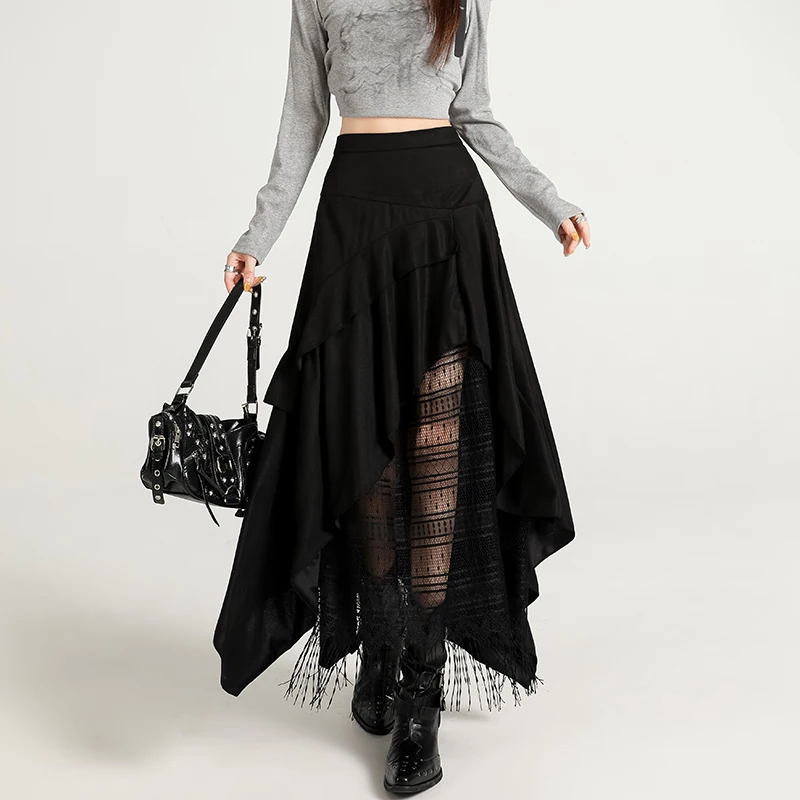 Lace Paneled Suede Skirt with Asymmetrical Hem High Waist A-Line Long Skirt for Women