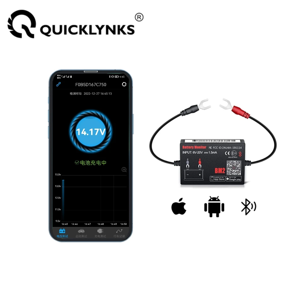 QUICKLYNKS BM2 12V Battery Monitor Car Battery Charging Cranking Test Mobile APP Monitor Battery Diagnostic Tool for Android IOS