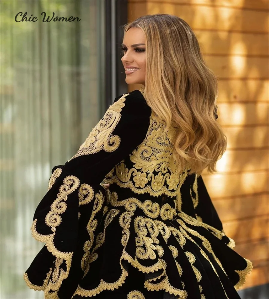 Traditional Kosovo Albanian Evening Dress Kaftan Moroccan Muslim Arabic Prom Long Sleeve Gold Applique Vestido Novia Customized