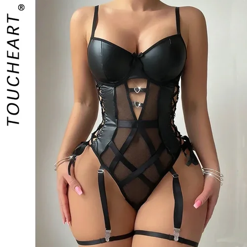 Toucheart-Pijama transparente con paneles de encaje de cuero para mujer, Body de piel de malla con cordones, Body de látex sin mangas de una pieza, lencería nueva