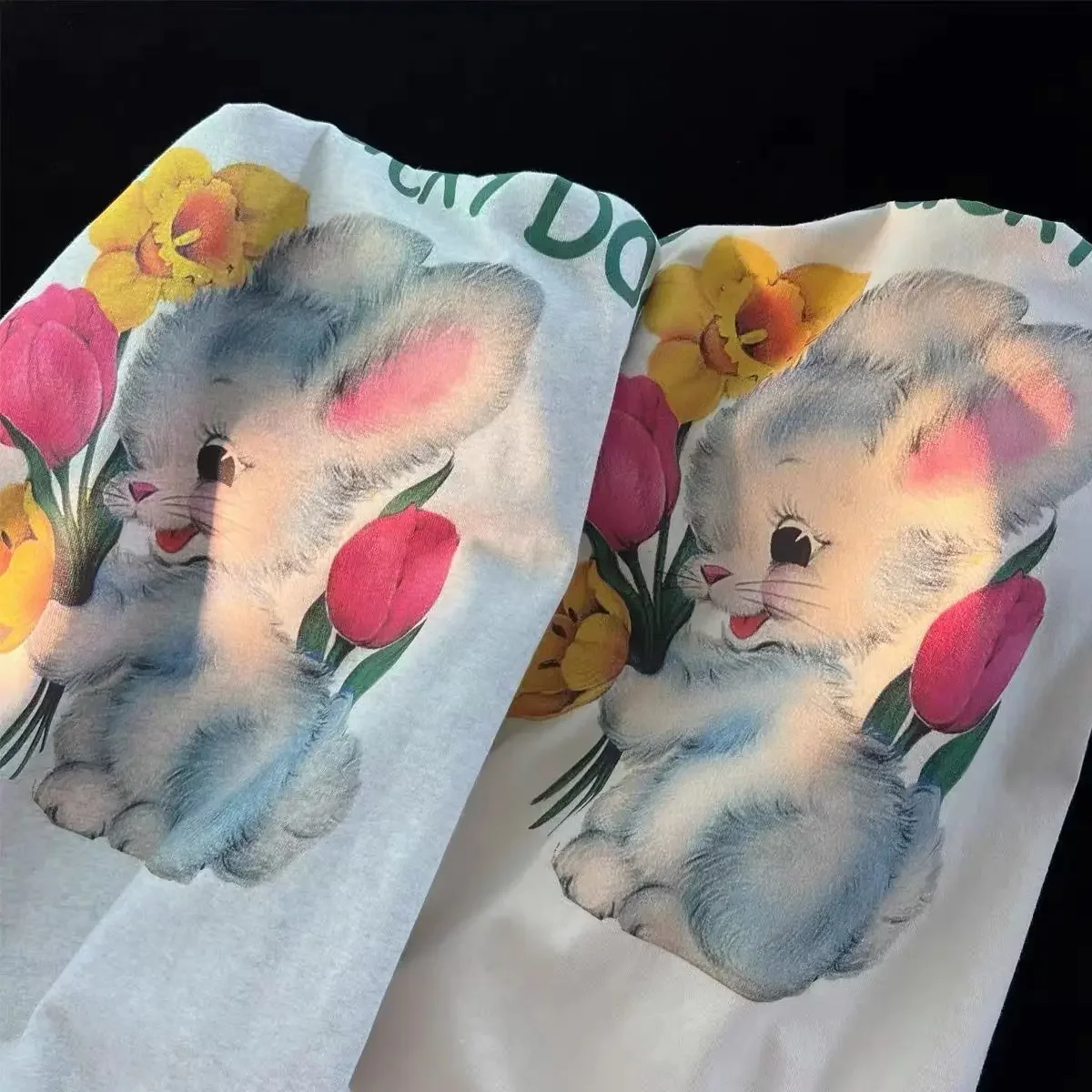 American Vintage Pure Cotton Flower Rabbit Short Sleeve T-shirt WomenSummer Loose Versatile Casual Lazy Hong Kong Style Chic Top