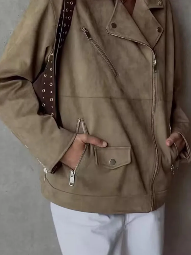 HH المرأة 2025 الخريف موضة جديدة الجلد المدبوغ الملمس تأثير دراجة نارية معطف الإناث شارع العليا عادية سستة جيب سترة Mujer