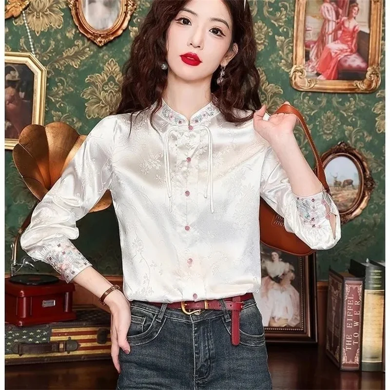 Retro Women Fashion Jacquard Buckle Shirt Spring Summer Lady Stand-up Collar Embroidery Blousees 2025 Female Long Sleeves Blouse