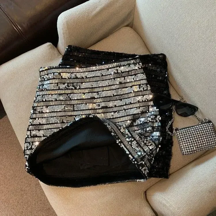 French silver-gray sequined skirt female spring and autumn new temperament hip skirt spice girl anti-exposure A-line skirt