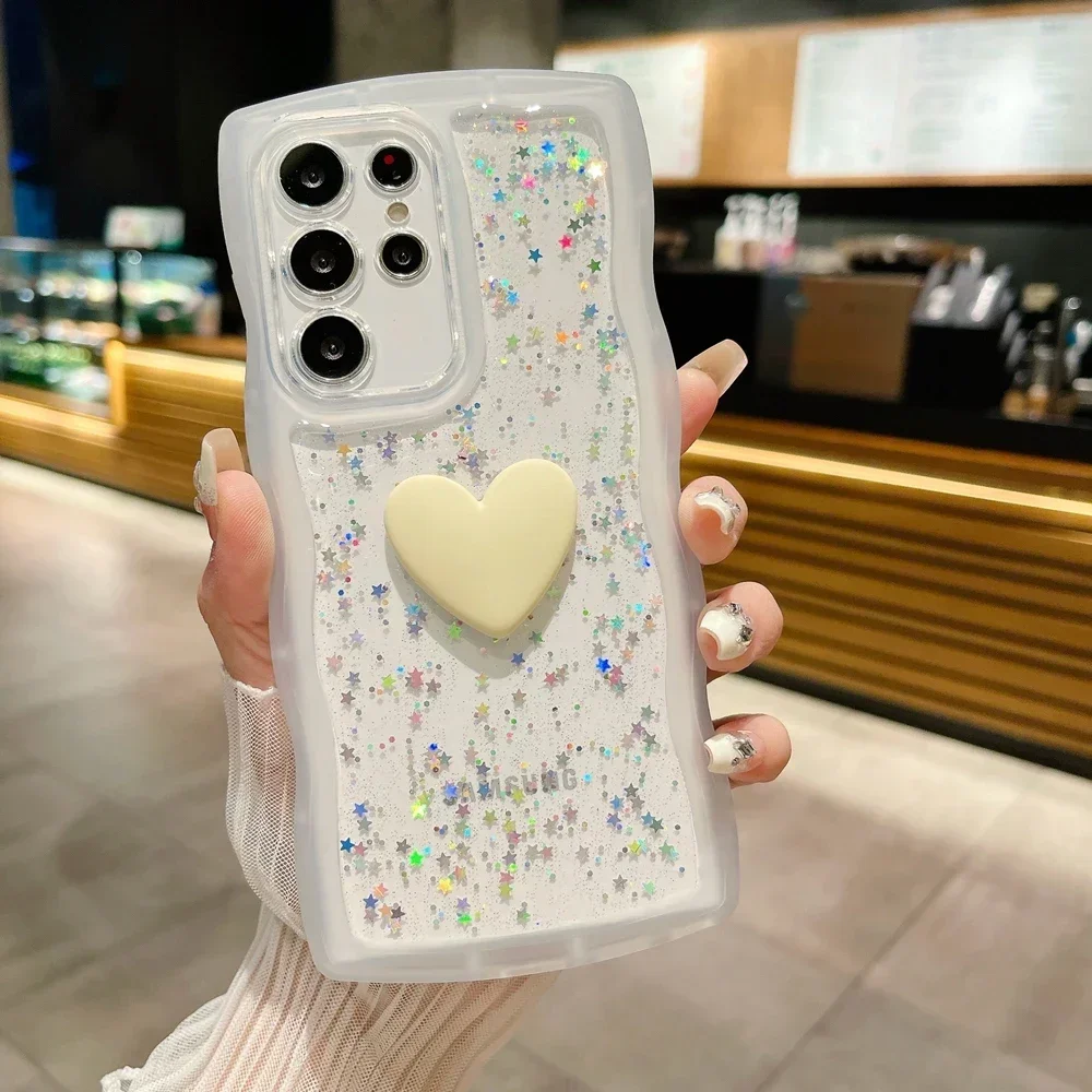 Fashion Wavy Love Heart Clear Bling Phone Case For Samsung Galaxy S24 S23 Ultra S22 S21 Plus Ultra S20 S21 FE Glitter Cover