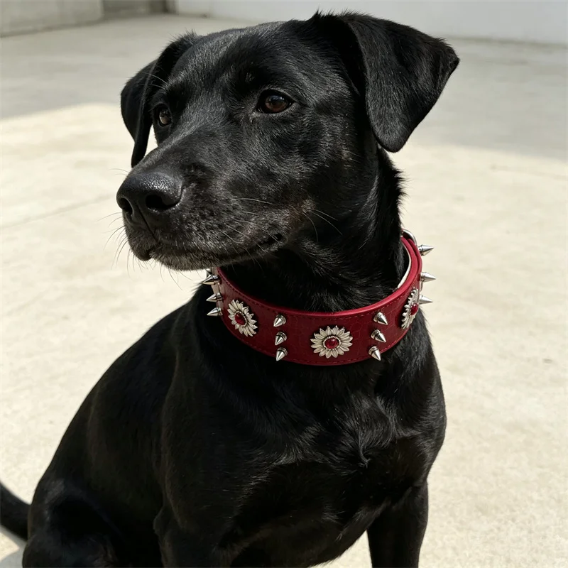Fashion Red PU Leather Spiked Pet Collar Flower Decor Adjustable Punk Dog Cat Collar Anti-bite Neck Collar for Medium Large Pets