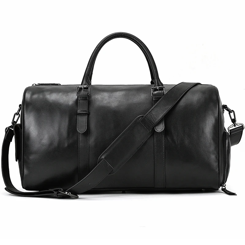 Real Leather Men's Travel Bag With Shoes Pocket Women Luggage Bag Black Cowhide Handbags 22 Inches Shoulder Gym Sports Bag