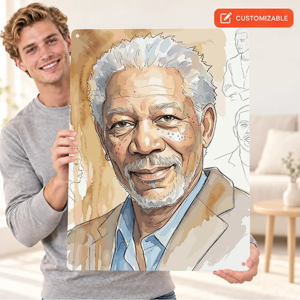 Morgan Freeman Watercolor Portrait Textured Metal Poster Bold Design Bedroom Wall Art Personalized Aluminum Sign Birthday Gift