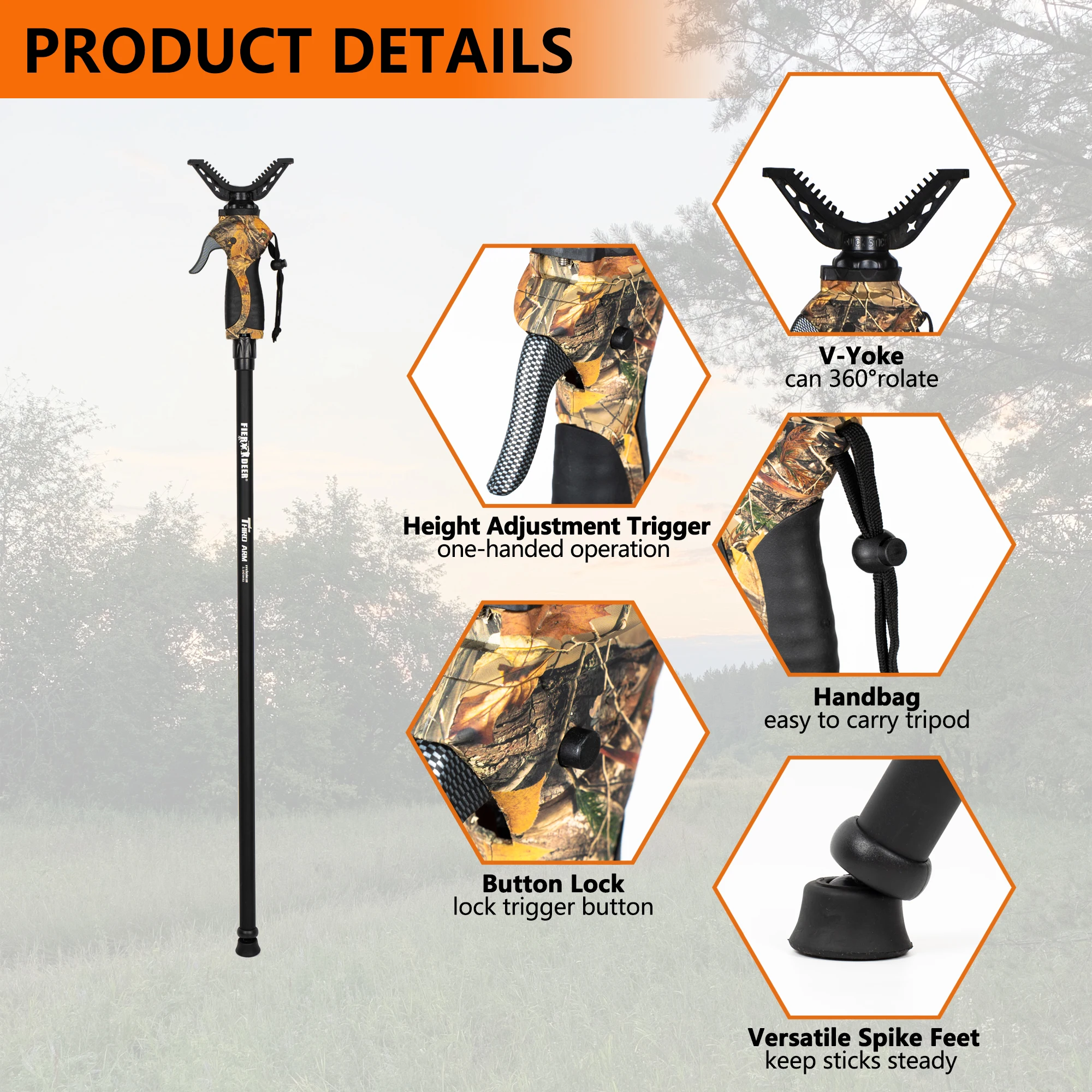 THIRD ARM Adjustable Height Hunting Monopod Camouflage Camera Shooting Stick V Yoke Shaped Head Photography Shooting for Hunting