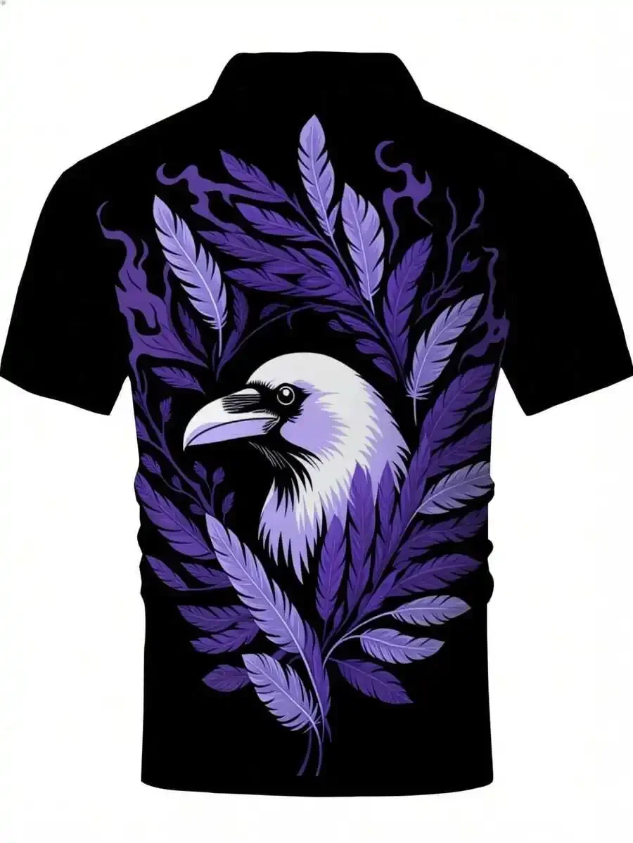 

Mens Black Shirt With Purple Feather And White Crow Print Casual Short Sleeve