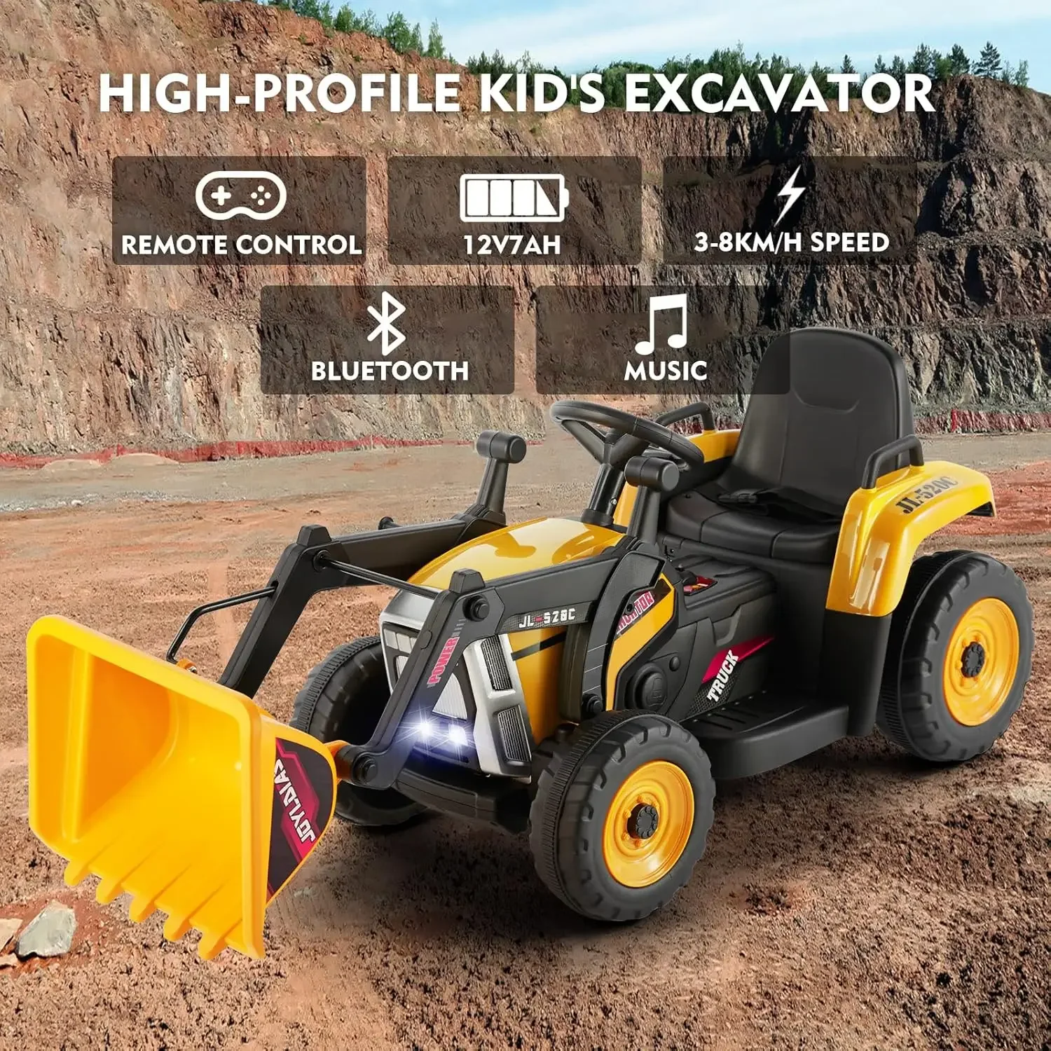 12V Ride On Excavator with 2.4GHz Remote Control, Electric Construction Vehicle for Kids Digger with 3 Speeds