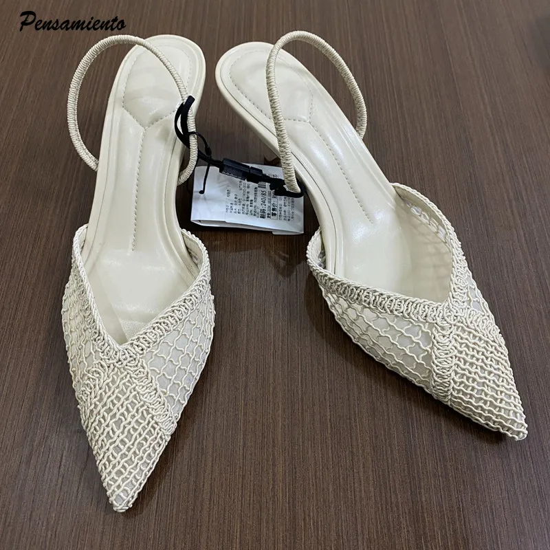 

Ins style Fashion Weave Hollow out Women Pumps Summer Fashion Slingbacks Office Lady Thin High heels Elegant Party Prom Shoes