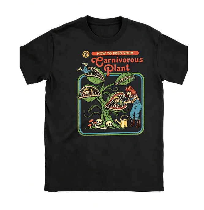 2026 Unisex Retro How To Feed Your Carnivorous Plant Tshirt Vintage Cartoon Horror Print Short Sleeve T Shirt Men Casual