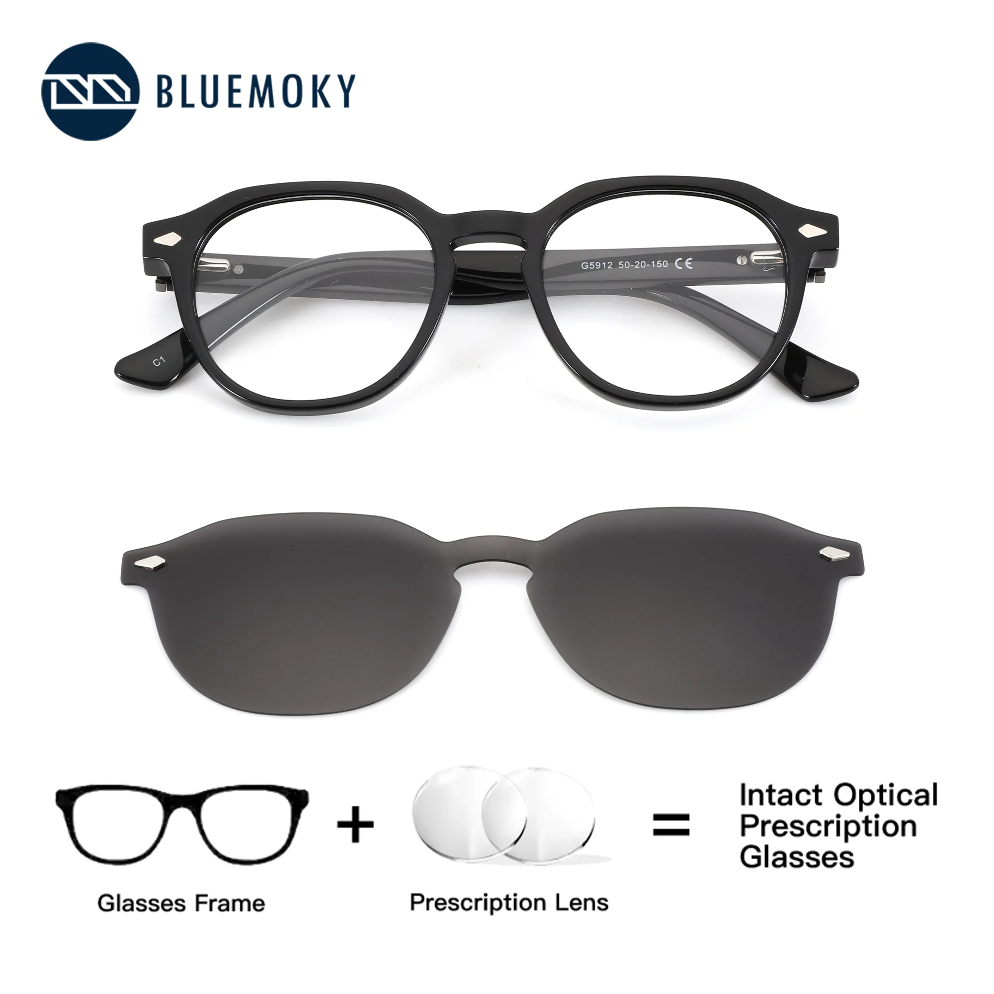 

BLUEMOKY Round Acetate Clip on Prescription Sunglasses Magnetic Polarized UV400 Graduated Eyeglasses for Myopia Man