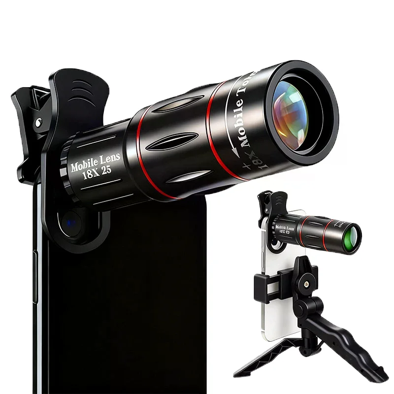 Objectif optique HD universel 18x25 pour téléphone portable, observation et relevé, téléobjectif 18X avec trépied pour smartphone, 1 ensemble