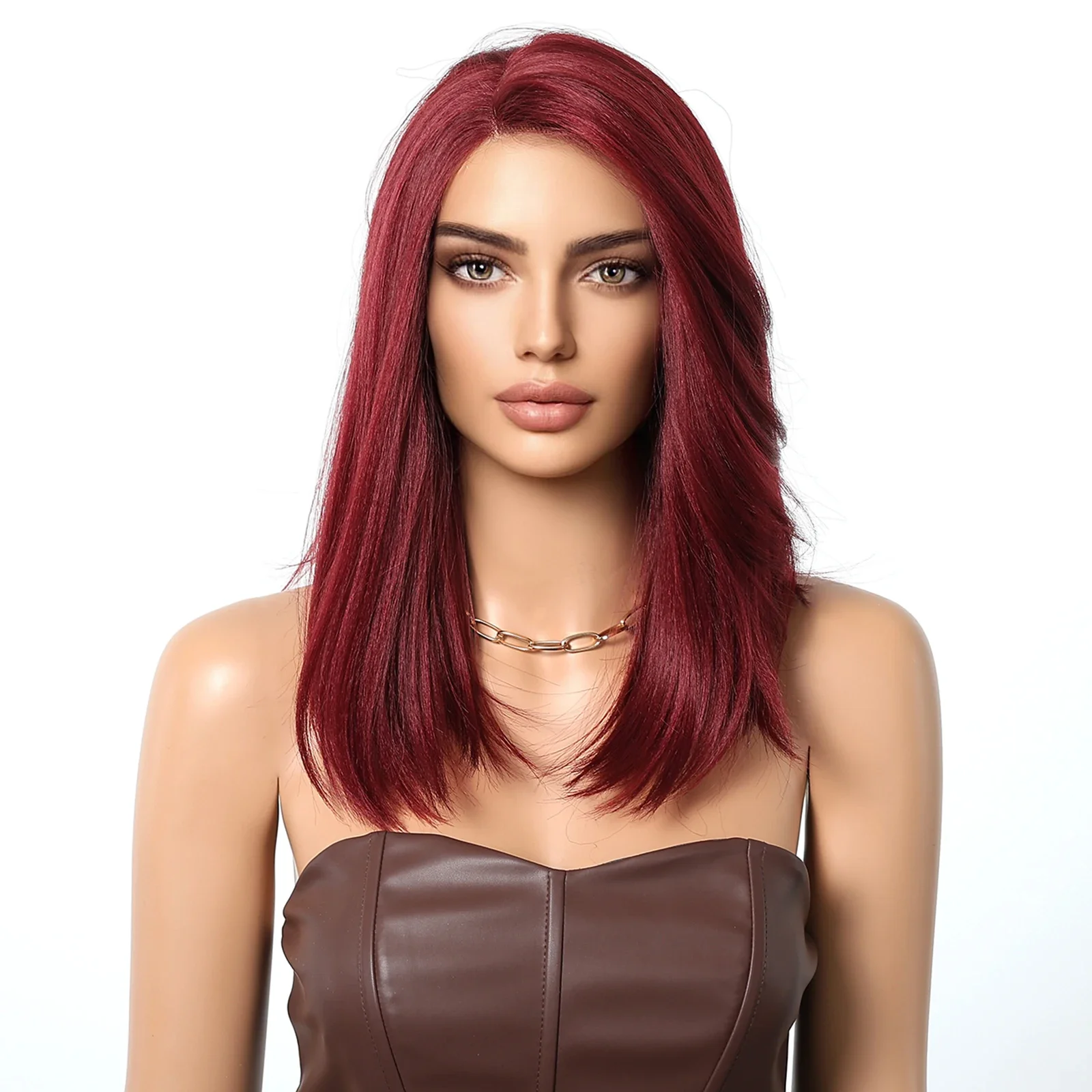 Red Straight Lace Front Synthetic Medium Length Burgundy Red Hair for Women Party Heat Resistant Fiber Wigs