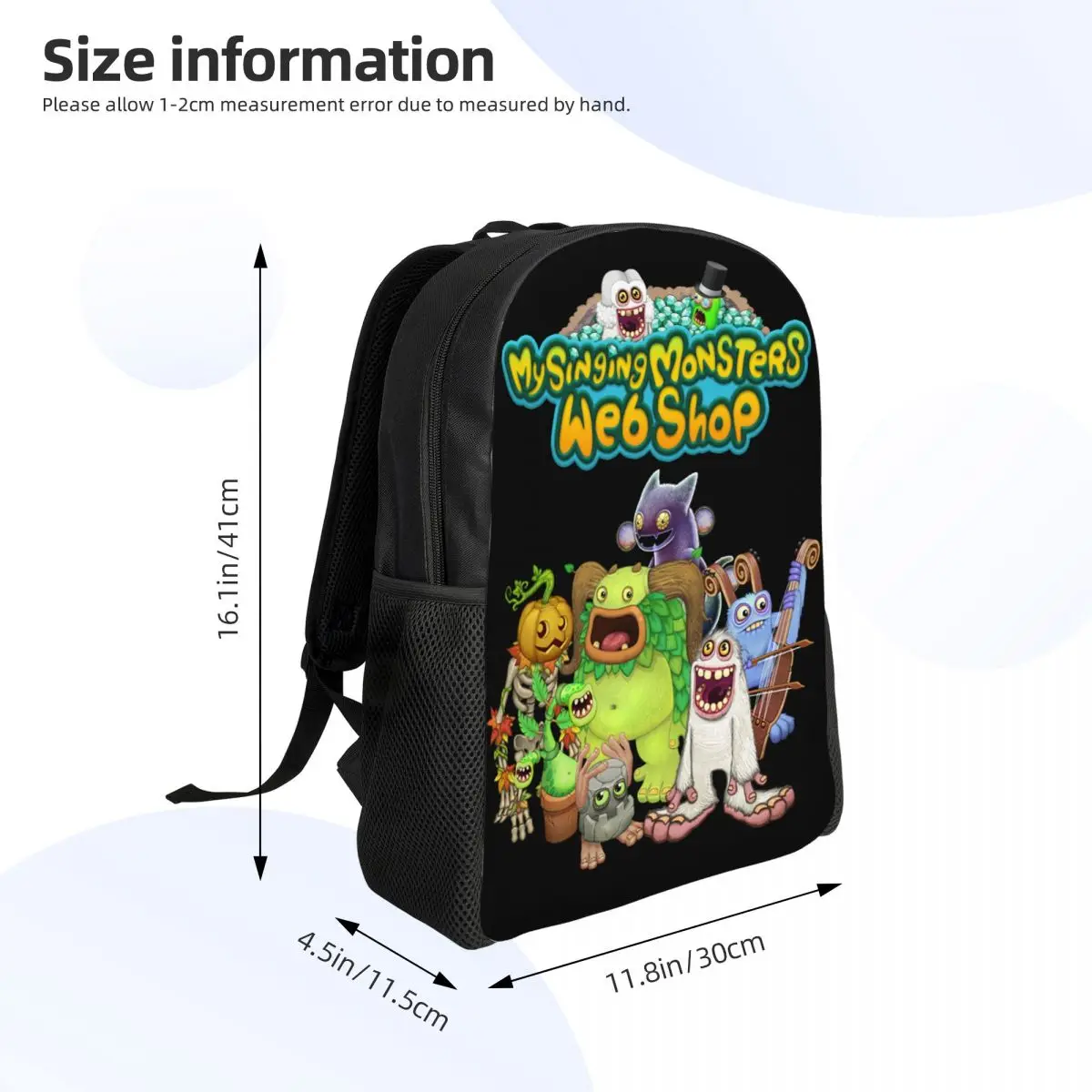 사용자 정의 3D 인쇄 내 노래 괴물 배낭 소년 소녀 학교 대학 여행 가방 남성 여성 Bookbag 15 인치 노트북에 적합