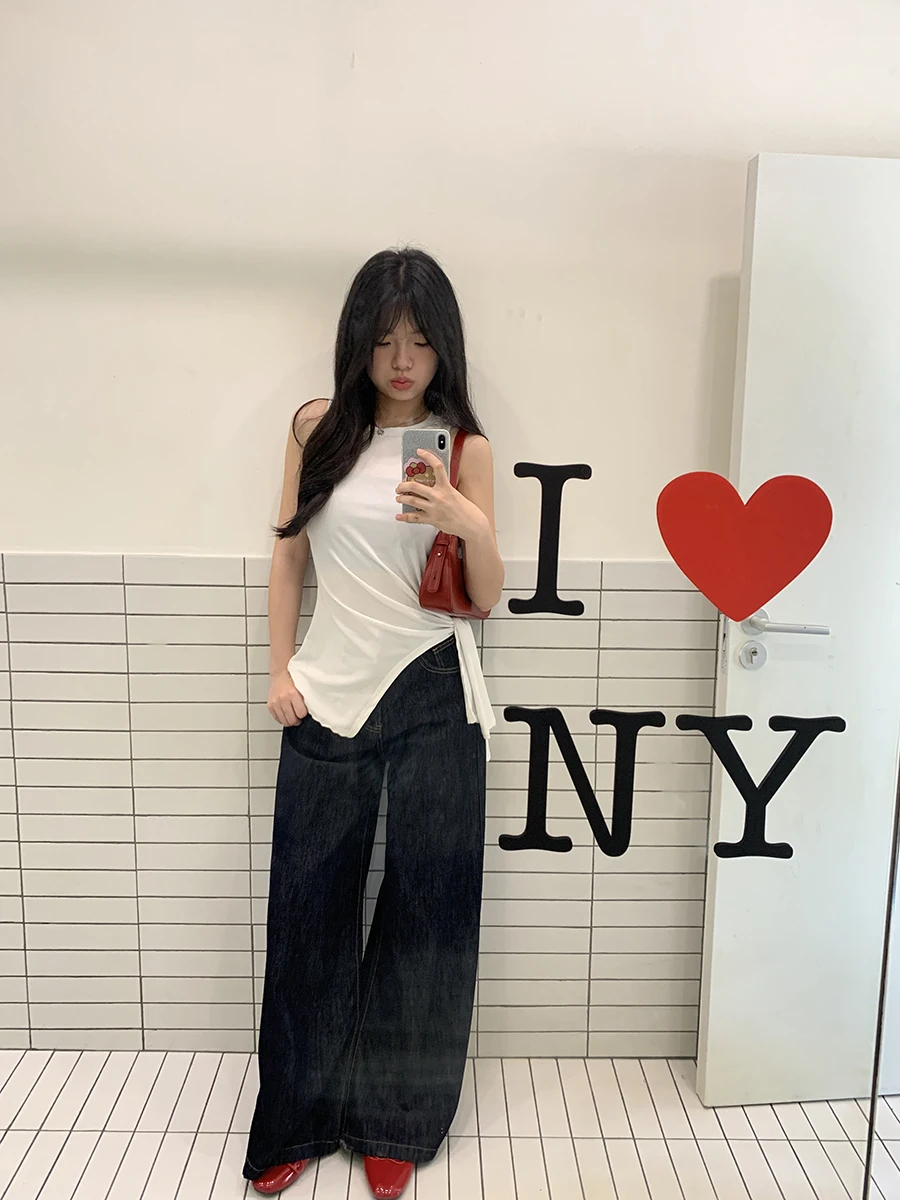 

Deep Blue Denim High Waist Loose Straight Leg Women's Jeans High Street Sle Retro Wide Leg Pants Casual Pure Color Fall New...