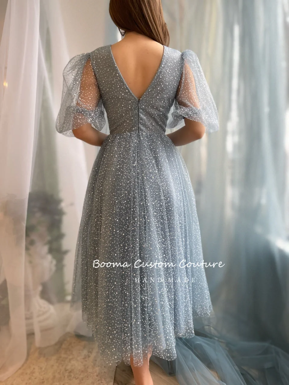 Booma Blue Dotted Tulle Midi Prom Dresses V-Neck Half Puff Sleeves Tea-Length A-Line Wedding Party Dresses Formal Evening Gowns