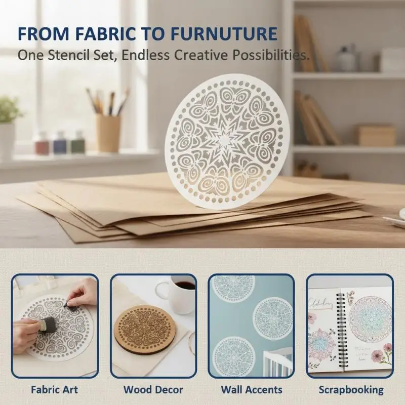 4PCS 8x8 Inch Stencils - Reusable Round DIY Painting Templates for Wall, Wood, Fabric & Furniture Decor