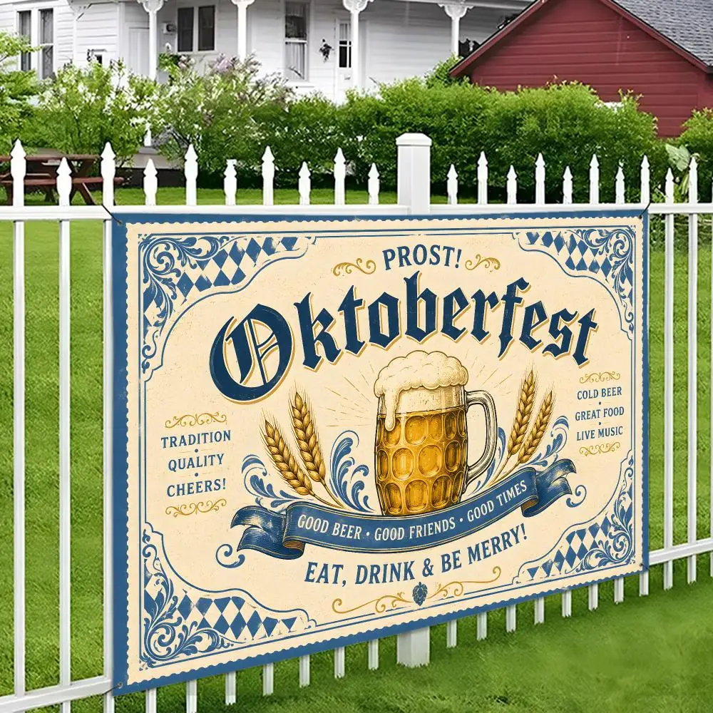 Oktoberfest flag vivid print durable easy hang reusable bar porch yard wall party beer mug wheat blue white vintage decor Flags