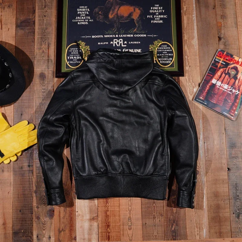 Japanese Retro Unpainted Cowhide Jacket Pullover Hoodie with Hood and Genuine Leather Jacket for Men's Motorcycle