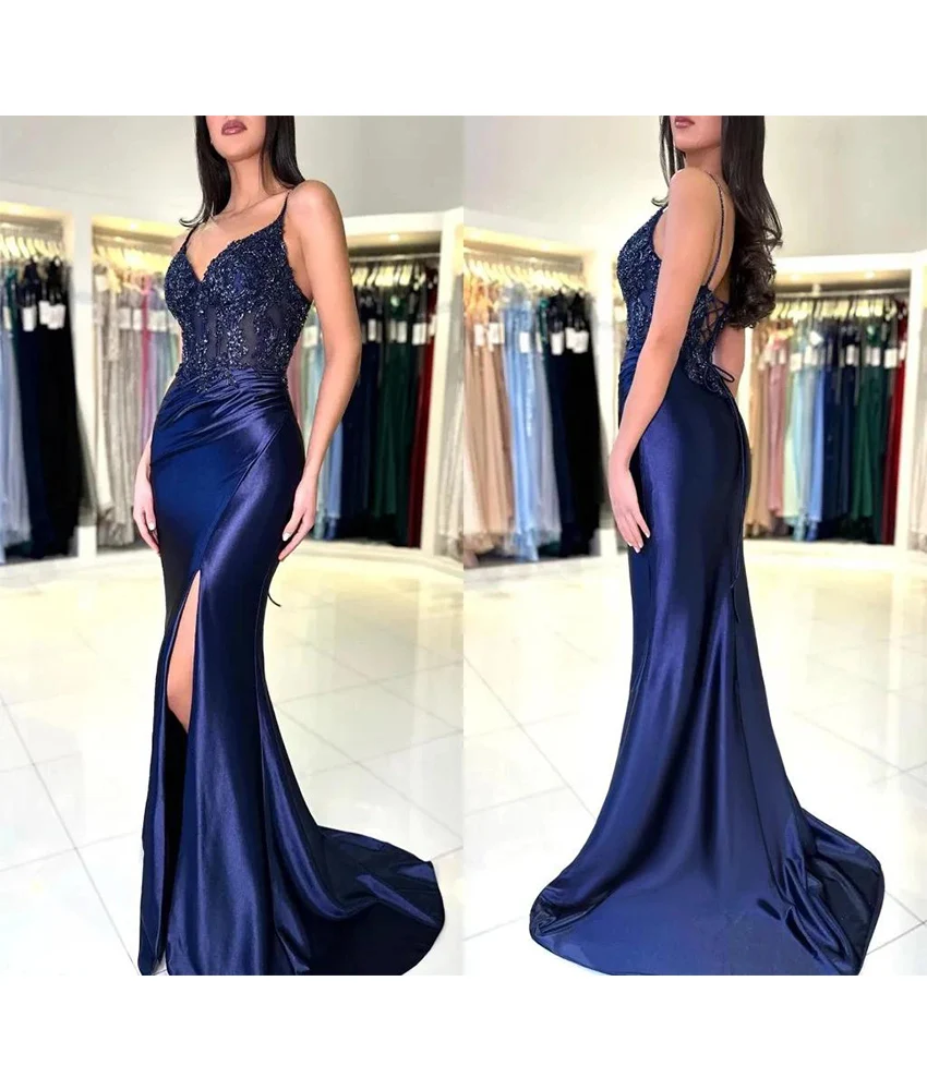 

Customized Exquisite Satin Mermaid Appliques Sequined Spaghetti Straps Evening Dress Sexy Sleeveless فساتين سهرة