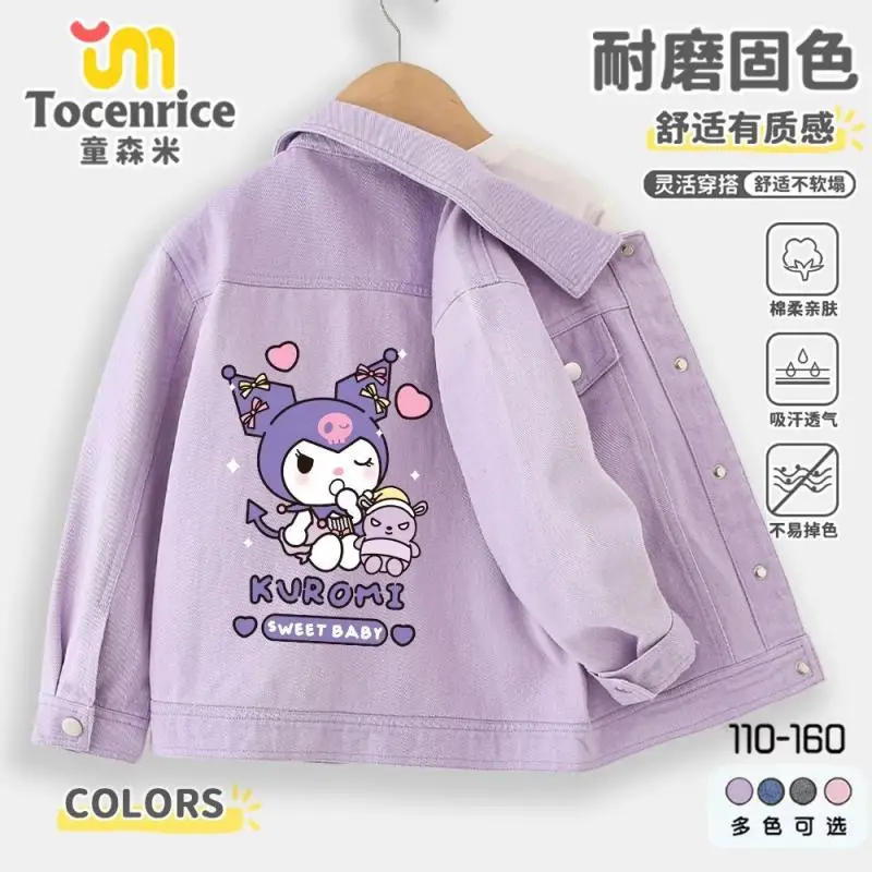 

Джинсовая куртка Hello Kitty Kuromi с героями мультфильмов для девочек Sanrio, весенне-осеннее новое модное пальто в стиле аниме Kawaii, удобные и мягкие топы