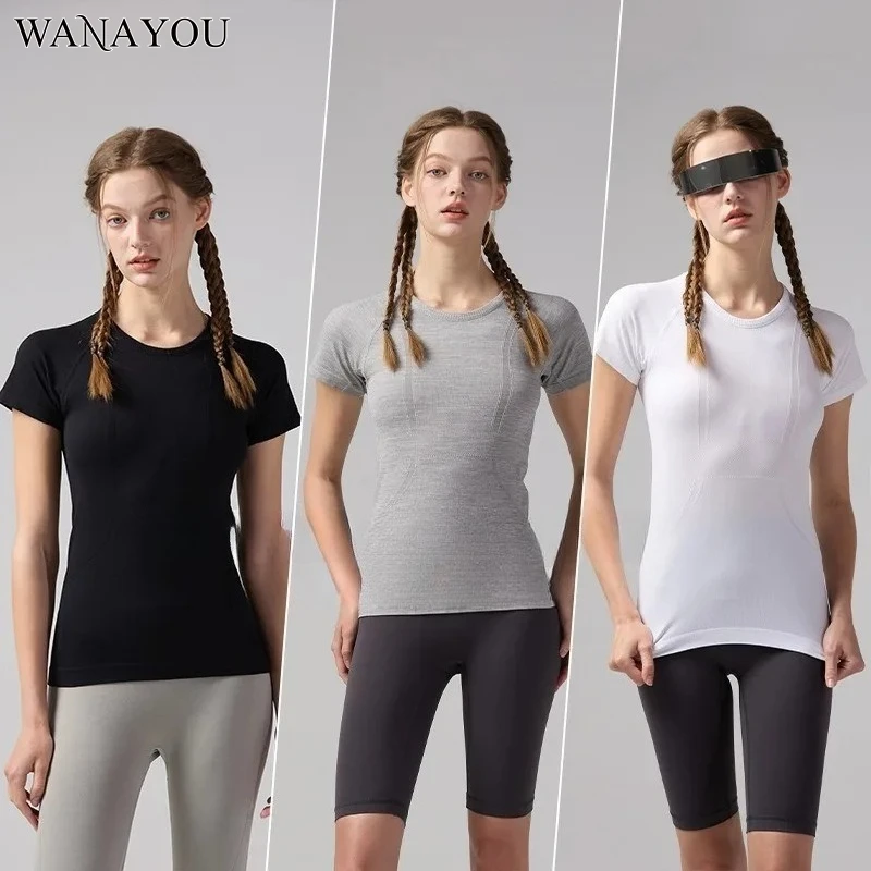 

WANAYOU Seamless Round Neck Women's Sexy Yoga Short Sleeved Tight Fast Dry Running Sports T-shirt Fitness Top Breathable Shirt