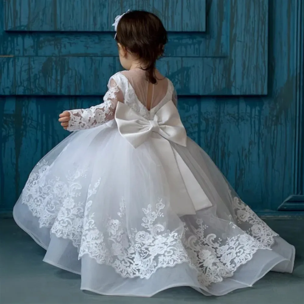 

Customized Elegant Flower Girl Wedding Dress Appliques Lace with Bow Princess Birthday Party First Communion Baptism Ball Gown