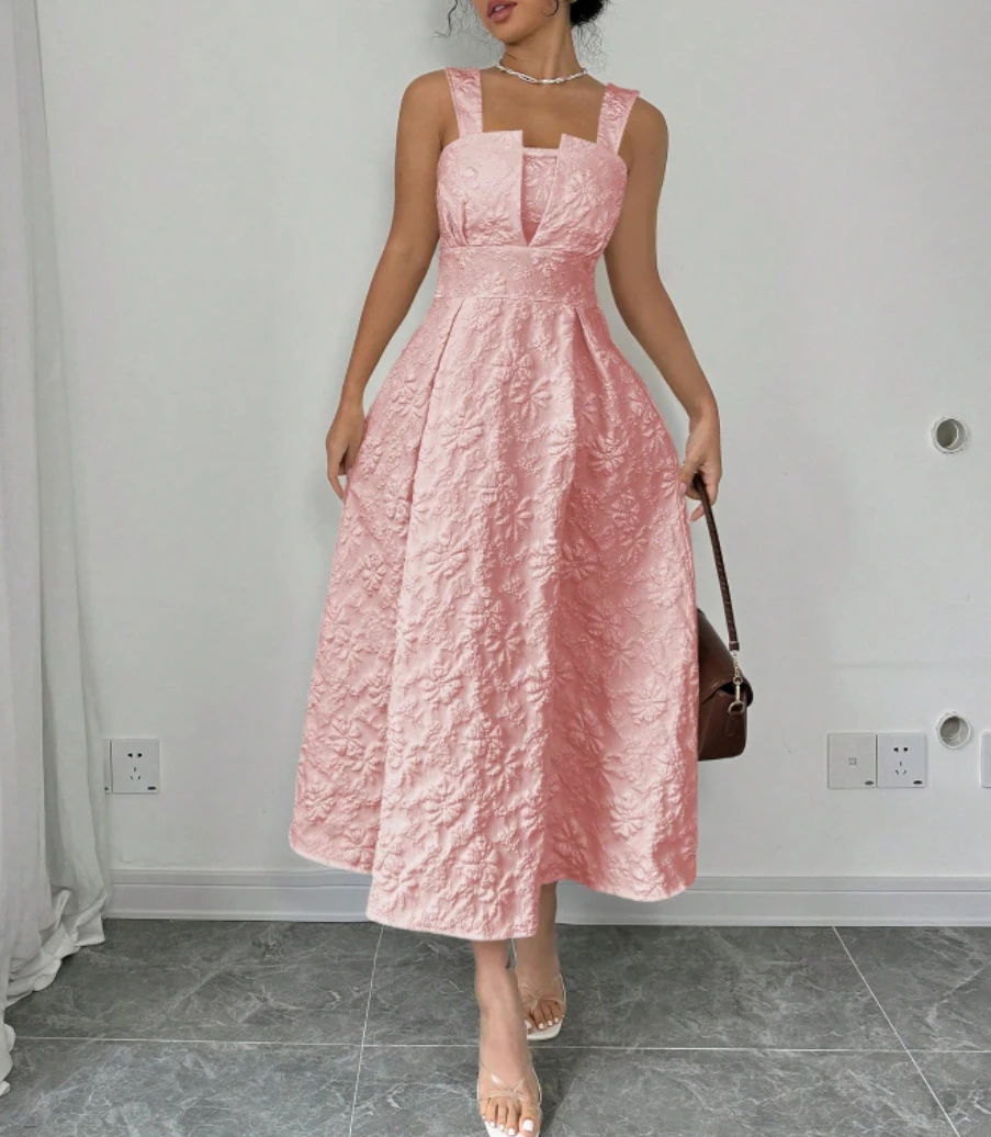 Women's Blush Pink Square Neck Cutout Wide Strap Jacquard Fit & Flare Midi Dress Spring Summer Elegant Sweet Daily Party Dress