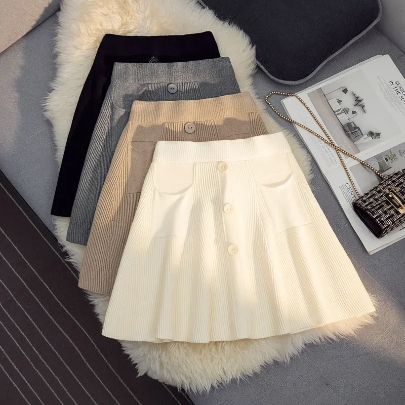 Autumn Winter Women Skirts Pockets Fashion Sexy Mini Elastic Pleated Skirts For School Girl Korean Black High Waist Skirts
