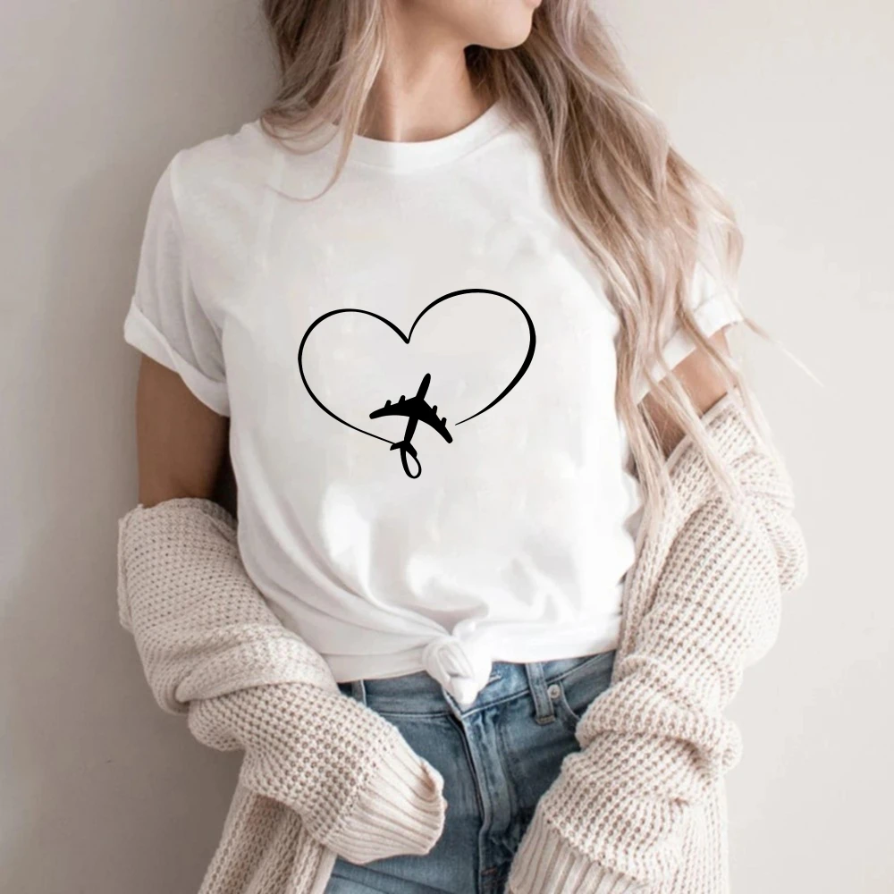 Minimalist Pilot Lover T-Shirt, Heart Airplane Print Cotton Short Sleeve Tee, Aviation Enthusiast Casual Top  Vintage Clothes