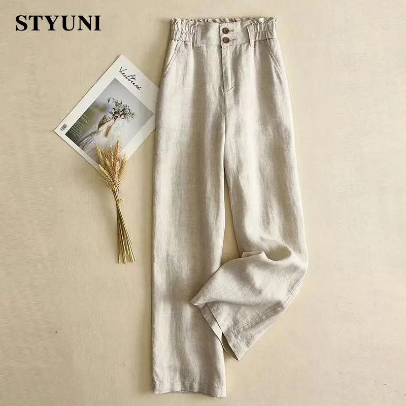 Cotton Linen Edible Tree Fungus Elastic High Waist Women's Pants Casual Loose Korean Fashion Buttons Full-length Pants for Women