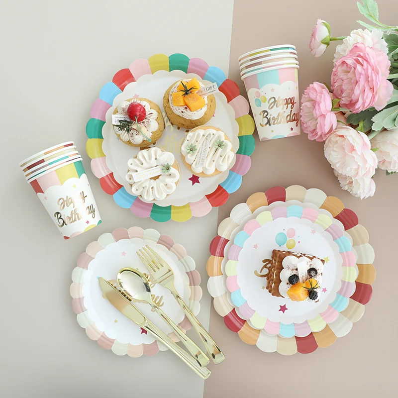 Colorful petal shaped tableware set, disposable paper tray, paper cup, children's birthday, baby, wedding, party supplies decora