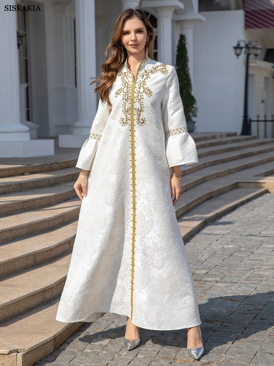 

Siskakia Ramadan Muslim Embroidery Abayas Petal Sleeve Kaftan Dubai Moroccan Luxury Woman Evening Dress