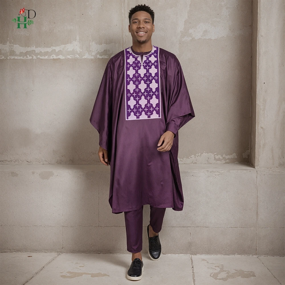 

Men Casual Loose Kaftan Muslim Thobe Jubba Dishdasha Thawb Dress 3PCS Agbada Set Arab Purple Color Embroidered Robe New 2026