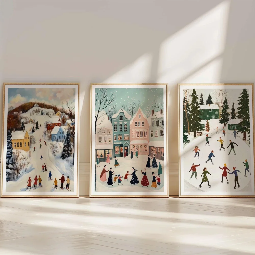 Winter Wall Art Set of 3 Christmas Village Cozy Season Ice Skating Print Room Decor Winter Wall Art Christmas Decor Gift Poster