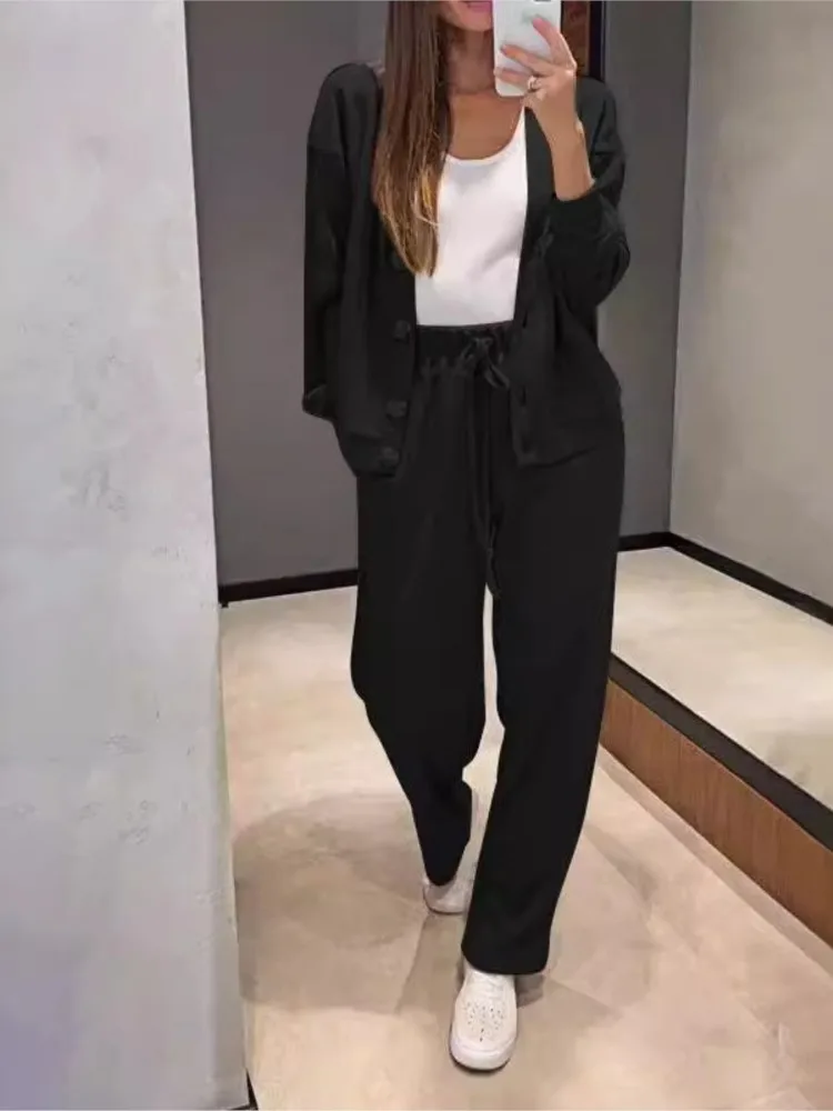 Simple Solid Color Sports Pants Sets Women Casual Knitted V-neck Cardigan High Waist Trousers Sporty Style Two Piece Set Female