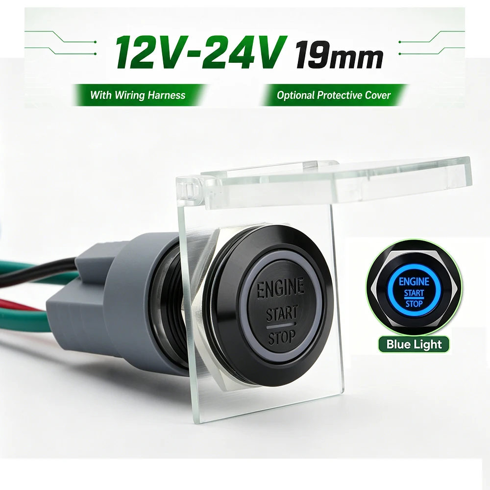 19mm Black Ignition Starter Push Button Engine Start Stop Switch 12V-24V Blue LED Momentary Self Reset W/ Harness&Optional Cap